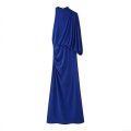 Women's Elegant One Shoulder Pleated Midi Dress Sleeveless Ruched Draped Royal Blue Polyester Evening Party Cocktail Gown Streetwear Style Slim Fit Dress