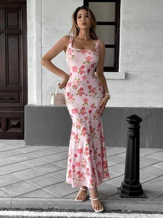 Women's Pink Rose Floral Maxi Dress Square Neck Sleeveless Slim Fit Fishtail Hem Polyester Elastane Summer Beach Vacation Resort Sexy Bodycon Dress