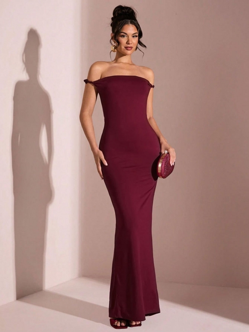 Elegant Off Shoulder Backless Evening Maxi Dress Polyester Spandex Bodycon Long Dress For Party Wedding Women Sexy Bodycon Ruched Gown