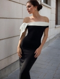 Women's Elegant Off Shoulder Bodycon Maxi Dress Contrast White Bow Detail Slim Fit Evening Party Cocktail Sleeveless Long Dress for Women