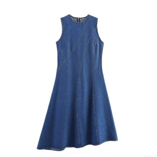 Women's Casual Sleeveless Denim Midi Dress With Round Neck And Asymmetrical Hem Patchwork Street Style Solid Color One-Piece Denim Dress For Women