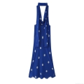Women's Polka Dot Halter Backless Maxi Dress Elegant Scarf Detail Sleeveless Royal Blue Chiffon Long Party Dress Street Style Ladies Clothing