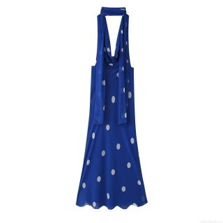 Women's Polka Dot Halter Backless Maxi Dress Elegant Scarf Detail Sleeveless Royal Blue Chiffon Long Party Dress Street Style Ladies Clothing