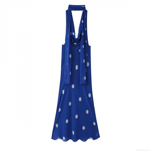 Women's Polka Dot Halter Backless Maxi Dress Elegant Scarf Detail Sleeveless Royal Blue Chiffon Long Party Dress Street Style Ladies Clothing