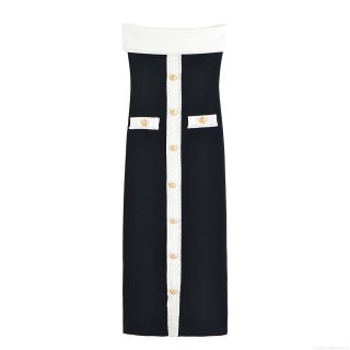 Sexy Women Contrast Color Off-Shoulder Bodycon Dress Gold Button Decor Slim Fit Polyester Midi Dress Elegant Streetwear Club Party Wear Outfits