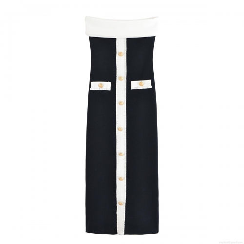 Sexy Women Contrast Color Off-Shoulder Bodycon Dress Gold Button Decor Slim Fit Polyester Midi Dress Elegant Streetwear Club Party Wear Outfits