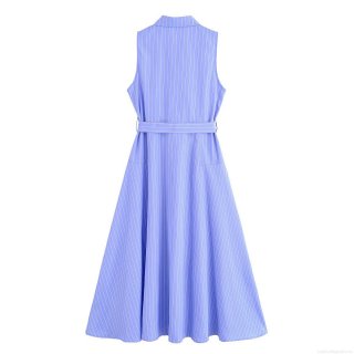 Women's Sleeveless Striped Shirt Dress Lapel Single Breasted Maxi Dress With Belt European Street Style Casual Long Dress