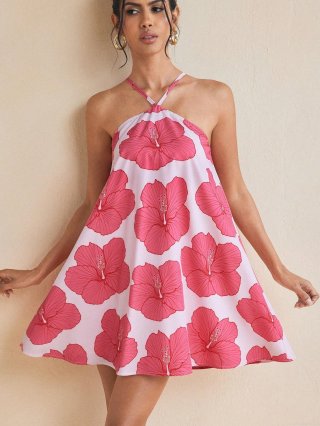 Women's Sexy Halter Mini Dress Hibiscus Floral Print Backless Summer Vacation A-Line Sundress Polyester Spandex Sleeveless Casual Beach Party Dress for Women