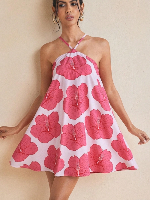 Women's Sexy Halter Mini Dress Hibiscus Floral Print Backless Summer Vacation A-Line Sundress Polyester Spandex Sleeveless Casual Beach Party Dress for Women