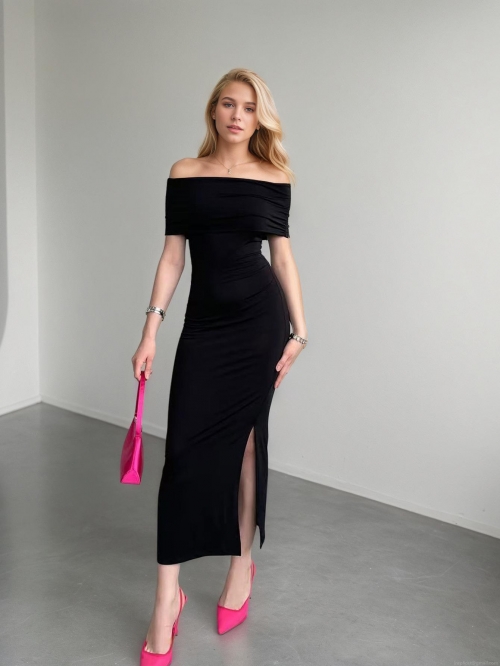 Women Elegant Off-The-Shoulder Side Split Maxi Dress Sexy Bodycon Evening Party Long Gown Polyester Spandex Summer Apparel
