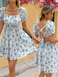 French Sweet Style Floral Print Mini Dress Square Neck Puff Sleeve Backless Lace Up Summer Vacation Dress For Women Polyester Elastane Blend