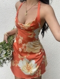 Elegant Halter Neck Mini Dress Floral Print Polyester Elastane Sleeveless Backless Summer Vacation Short Dress For Women