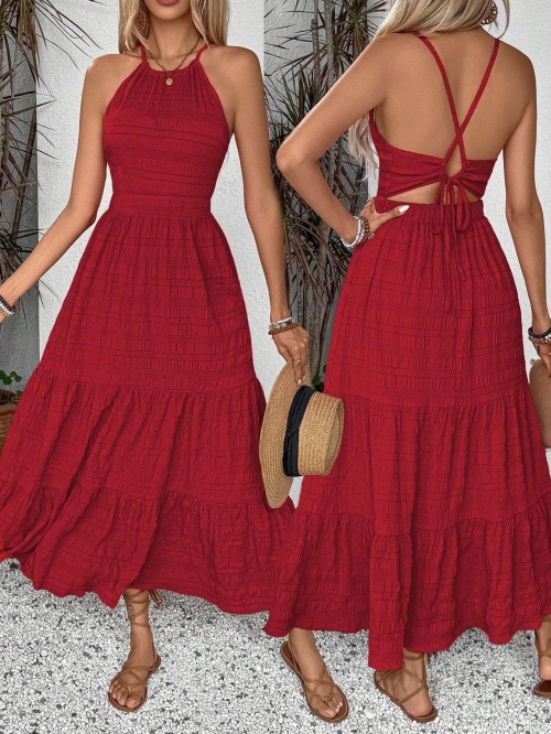 Women's Halter Neck Maxi Dress Pleated Polyester Spandex Backless High Waist Summer Vacation Beach Retro Bohemian Style Sleeveless Flowy Dress