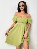 Women Elegant Square Neck Puff Sleeve Mini Dress Textured Smocked High Waist A-Line Summer Dress Short Sleeve Solid Color Polyester Dress