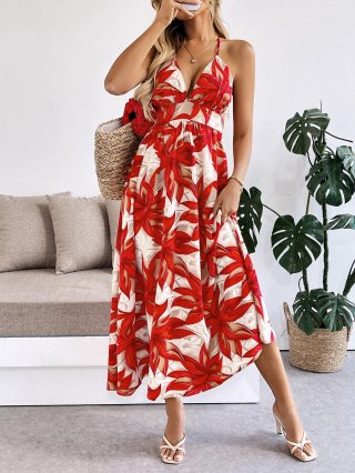 Women's Resort Style Maxi Dress 100% Polyester Maple Leaf Print Deep V-Neck Halter Backless High Waist A-Line Beach Long Dress For Summer Vacation