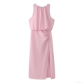 Women's Round Neck Sleeveless Pink Midi Dress Elegant Pleated Ruched Waist A-Line Skirt With Side Slit Street Style Polyester Sundress For Party