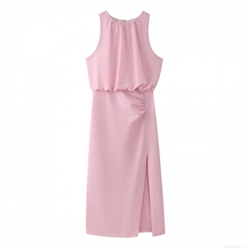 Women's Round Neck Sleeveless Pink Midi Dress Elegant Pleated Ruched Waist A-Line Skirt With Side Slit Street Style Polyester Sundress For Party