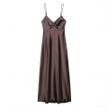 Women's Sexy Backless Satin Cami Dress V Neck Ruched Midi Slip Dress Elegant Coffee Brown Silk Texture Sleeveless Club Party Dresses For Lady