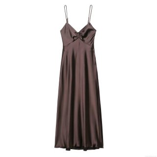 Women's Sexy Backless Satin Cami Dress V Neck Ruched Midi Slip Dress Elegant Coffee Brown Silk Texture Sleeveless Club Party Dresses For Lady