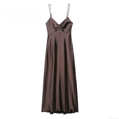 Women's Sexy Backless Satin Cami Dress V Neck Ruched Midi Slip Dress Elegant Coffee Brown Silk Texture Sleeveless Club Party Dresses For Lady