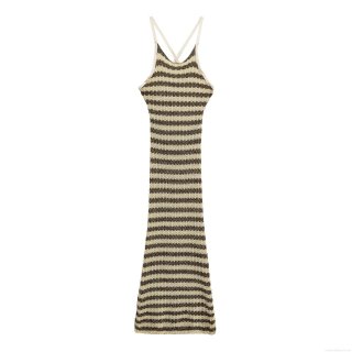 Sexy Backless Stripe Knit Cami Dress Women's Cross Halter Contrast Color Metallic Yarn Bodycon Midi Dress For Party Vacation Clubwear