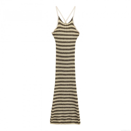 Sexy Backless Stripe Knit Cami Dress Women's Cross Halter Contrast Color Metallic Yarn Bodycon Midi Dress For Party Vacation Clubwear