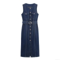 Women's Sleeveless Denim Midi Dress With Belt Contrast Topstitching Single Breasted Button Front Slit A-Line Casual Streetwear Dress