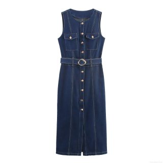 Women's Sleeveless Denim Midi Dress With Belt Contrast Topstitching Single Breasted Button Front Slit A-Line Casual Streetwear Dress