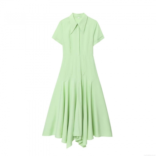 Women's Western Style Solid Light Green Maxi Dress With Asymmetric Hem Single Breasted Turn-down Collar Short Sleeve Casual Streetwear Dress