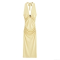 Sexy Halter Neck Backless Maxi Dress For Women Elegant Ruched Bodycon Party Evening Dress With Gold Metal Buckle Chic Sleeveless V Neck Vacation Summer Long Dress