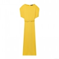 Women European Style Satin Texture Sleeveless Midi Dress With Heart Chain Belt Round Neck Bright Lemon Yellow Bodycon Elegant Party Streetwear Dress