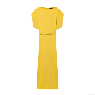 Women European Style Satin Texture Sleeveless Midi Dress With Heart Chain Belt Round Neck Bright Lemon Yellow Bodycon Elegant Party Streetwear Dress