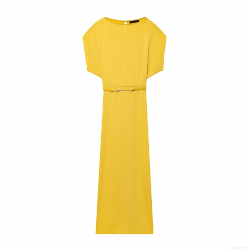 Women European Style Satin Texture Sleeveless Midi Dress With Heart Chain Belt Round Neck Bright Lemon Yellow Bodycon Elegant Party Streetwear Dress