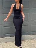 Women's Sexy Halter Neck Maxi Dress Backless Bodycon Knitted Long Dress Summer Solid Black Slim Fit Party Evening Night Out Formal Gown