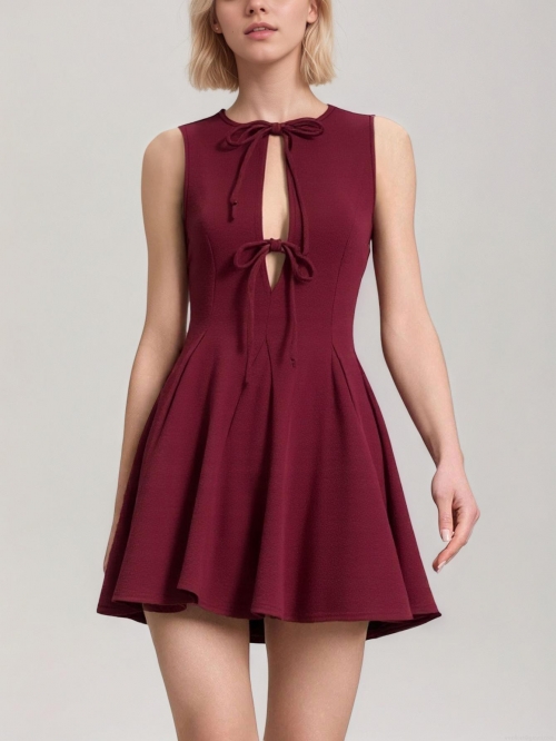 Women's Sexy Sleeveless Cutout Bow Mini Dress Knitted High Waist Burgundy A-Line Dress Summer Elegant Party Clubwear Sundress