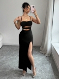 Women's Sexy Hollow Out Spaghetti Strap Maxi Dress Side Slit Bodycon Knit Summer Sleeveless Backless Evening Party Gown Long Dress