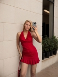 Sexy Halter Neck V-Neck Mini Dress Polyester Spandex Knit Ruched Bodycon Ruffle Hem Backless Dress For Women Party Clubwear Summer