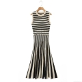 Women's Sleeveless Striped Knit Maxi Dress Round Neck Patchwork Contrast Color A-Line Slim Fit Long Sundress Casual Party Streetwear