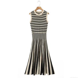 Women's Sleeveless Striped Knit Maxi Dress Round Neck Patchwork Contrast Color A-Line Slim Fit Long Sundress Casual Party Streetwear
