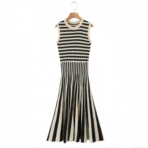 Women's Sleeveless Striped Knit Maxi Dress Round Neck Patchwork Contrast Color A-Line Slim Fit Long Sundress Casual Party Streetwear