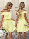 Women's Off-the-Shoulder Mini Dress French Gentle Style Yellow Ruffle Hem Pleated Smocked Waist Summer Sweet Short Sun Dress For Vacation Party