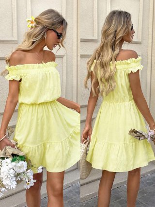 Women's Off-the-Shoulder Mini Dress French Gentle Style Yellow Ruffle Hem Pleated Smocked Waist Summer Sweet Short Sun Dress For Vacation Party