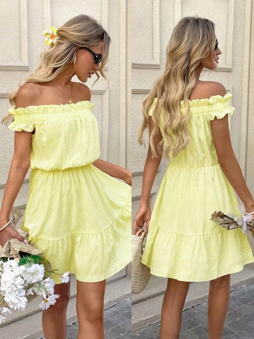 Women's Off-the-Shoulder Mini Dress French Gentle Style Yellow Ruffle Hem Pleated Smocked Waist Summer Sweet Short Sun Dress For Vacation Party