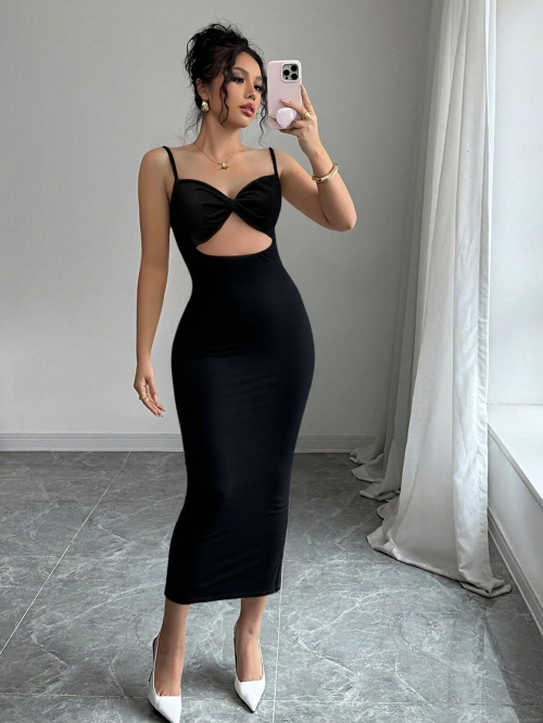Women's Sexy Black Spaghetti Strap Maxi Dress Elegant Cutout Front Backless Slim Fit Bodycon Knitted Long Dress For Evening Party Clubwear Summer