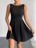 Sexy Backless Sleeveless Pleated Mini Dress For Women Polyester Elastane Blend High Waist A-Line Summer Flare Dress Casual Party Dating Solid Black Chic Elegant Dress