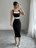 Women's Contrast Color Block Knitted Midi Dress Sleeveless Square Neck Slim Fit Bodycon Pencil Dress For Summer Party Clubwear