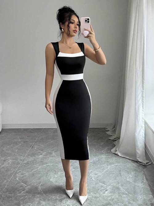 Women's Contrast Color Block Knitted Midi Dress Sleeveless Square Neck Slim Fit Bodycon Pencil Dress For Summer Party Clubwear