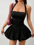 Women's Sexy Black Halter Mini Dress Ruched High Waist Bubble Hem A-Line Backless Knit Party Dress Polyester Spandex Summer Sleeveless Clubwear