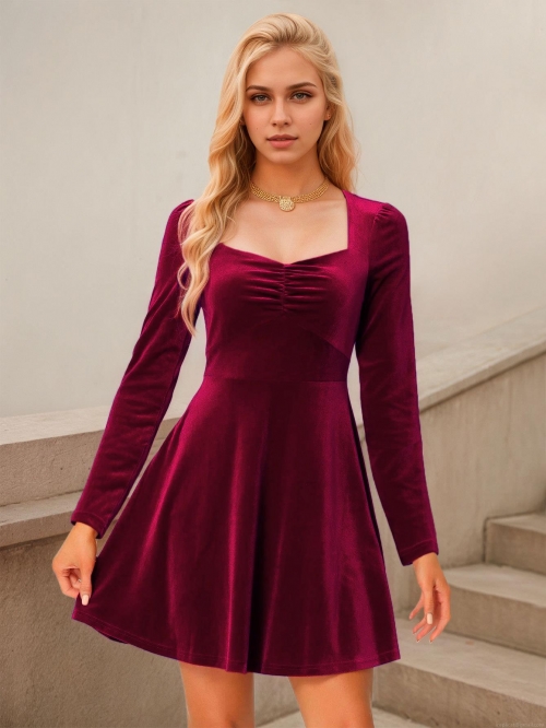 Women Elegant Wine Red Velvet Dress Square Neck Long Sleeve High Waist A-Line Mini Dress For Party Evening Club Retro Slim Fit Short Dress