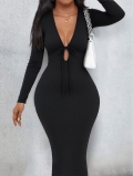 Sexy V-Neck Lace-up Cutout Maxi Dress Elegant Long Sleeve Knitting Slim Fit Bodycon Dress for Party Club Women Autumn Winter Polyester Knit Gown